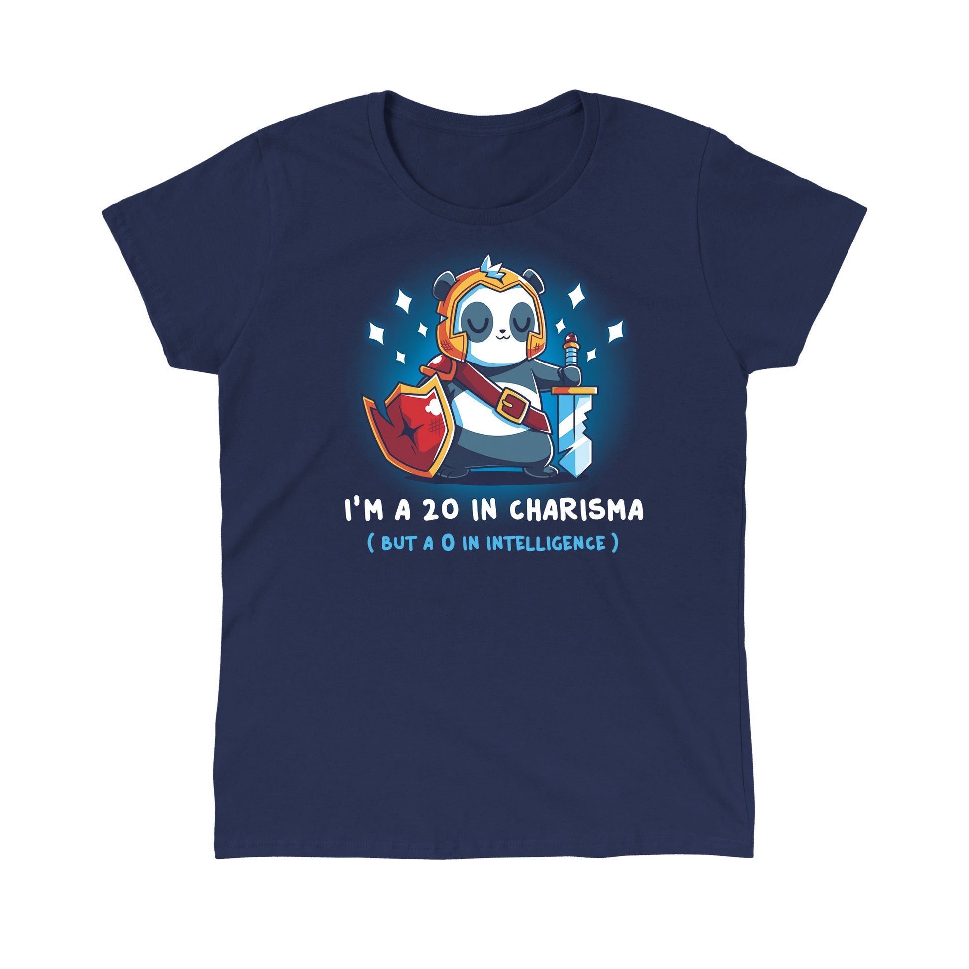 Classic Cotton T-shirt_TeeTurtle I'm a 20 in Charisma navy blue t-shirt featuring a fantasy panda wearing armor and holding a sword and shield with sparkles around them.