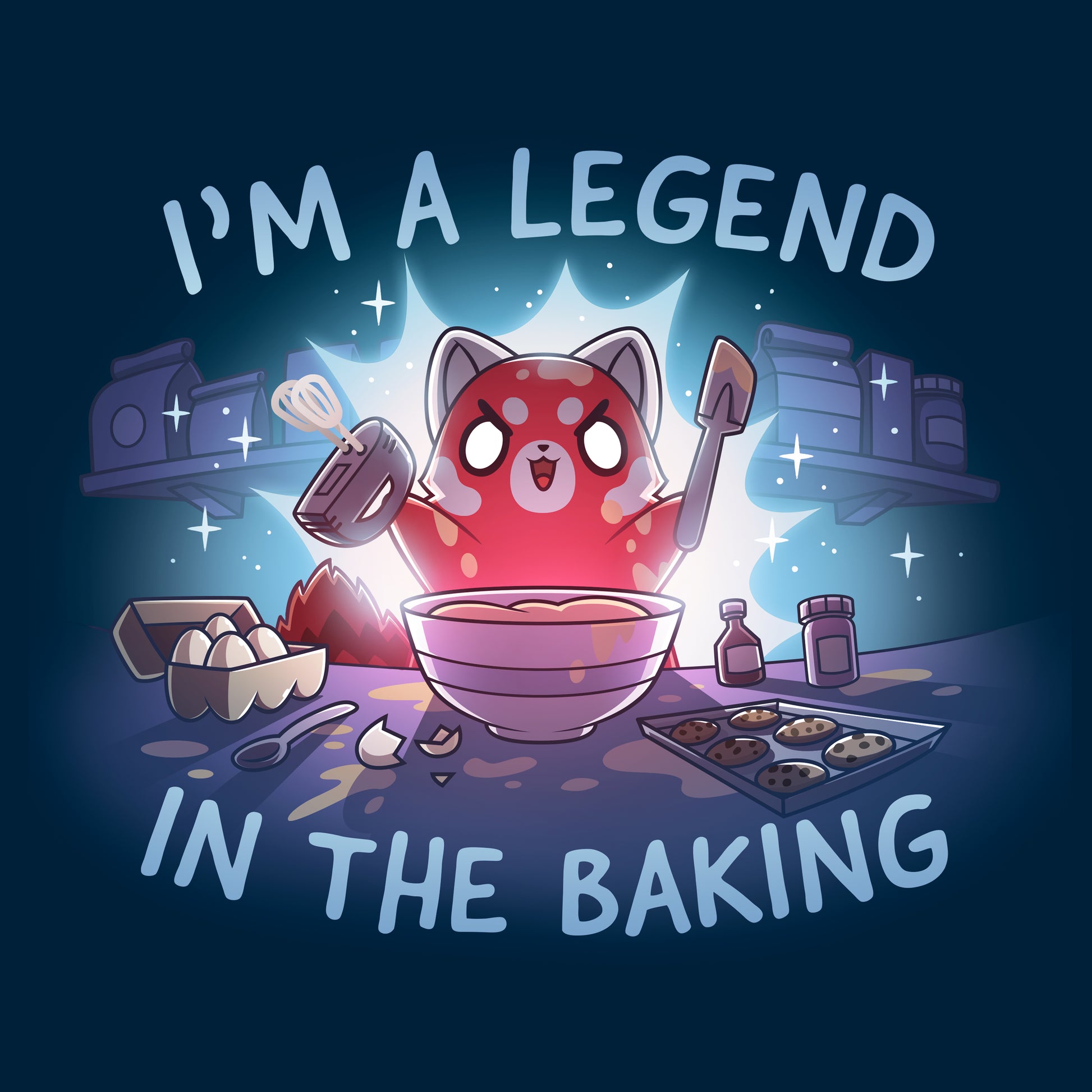 Crew Neck Sweatshirt_TeeTurtle navy blue I'm a Legend in the Baking apparel featuring a red panda with lit up eyes holding a spatula and hand mixer in a kitchen surrounded by baking equipment, such as a sheet of cookies, eggs, and flour.