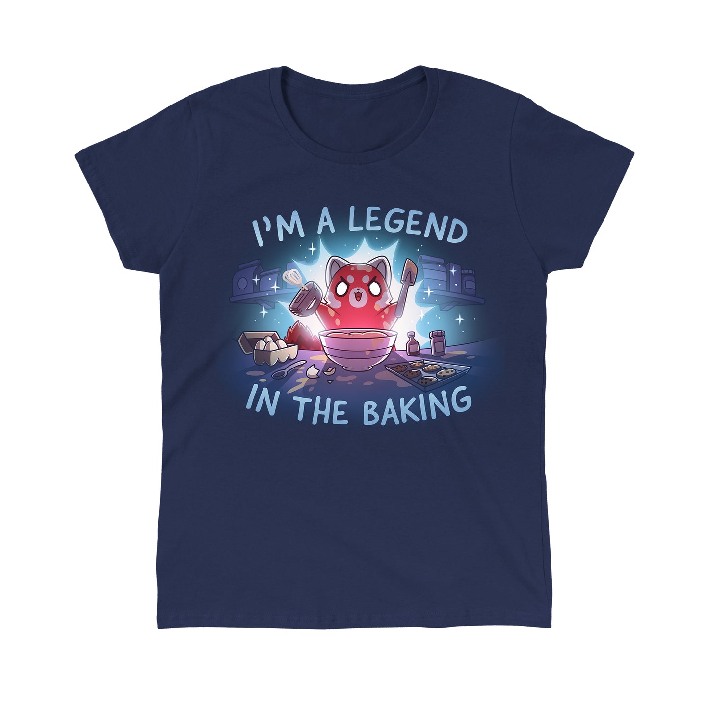 Classic Cotton T-shirt_TeeTurtle navy blue I'm a Legend in the Baking apparel featuring a red panda with lit up eyes holding a spatula and hand mixer in a kitchen surrounded by baking equipment, such as a sheet of cookies, eggs, and flour.