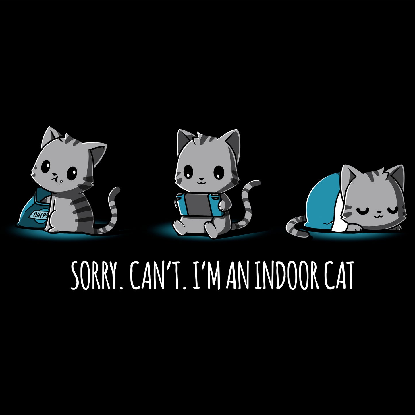 Classic Cotton T-shirt_TeeTurtle I'm an Indoor Cat black t-shirt featuring three gray cats one eating chips, one playing video games, one sleeping