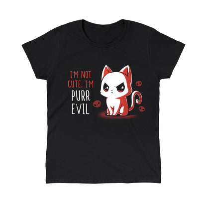 Classic Cotton T-shirt_Illustration of a frowning red and white cat with the text "I'm not cute, I'm purr evil" against a black background, accompanied by small skull icons. Available on a super soft ringspun cotton black unisex tee, this "I'm Not Cute, I'm Purr Evil" apparel from monsterdigital is perfect for those who embrace their darker side.