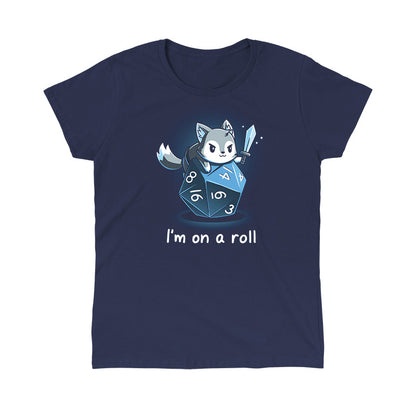 Classic Cotton T-shirt_TeeTurtle I'm on a Roll navy blue t-shirt featuring a gray and white fox smirking and holding a sword on top of a blue dice with the numbers 3, 4, 6, 8, 14, and 16 on it. The words "I'm on a roll" are written underneath. 