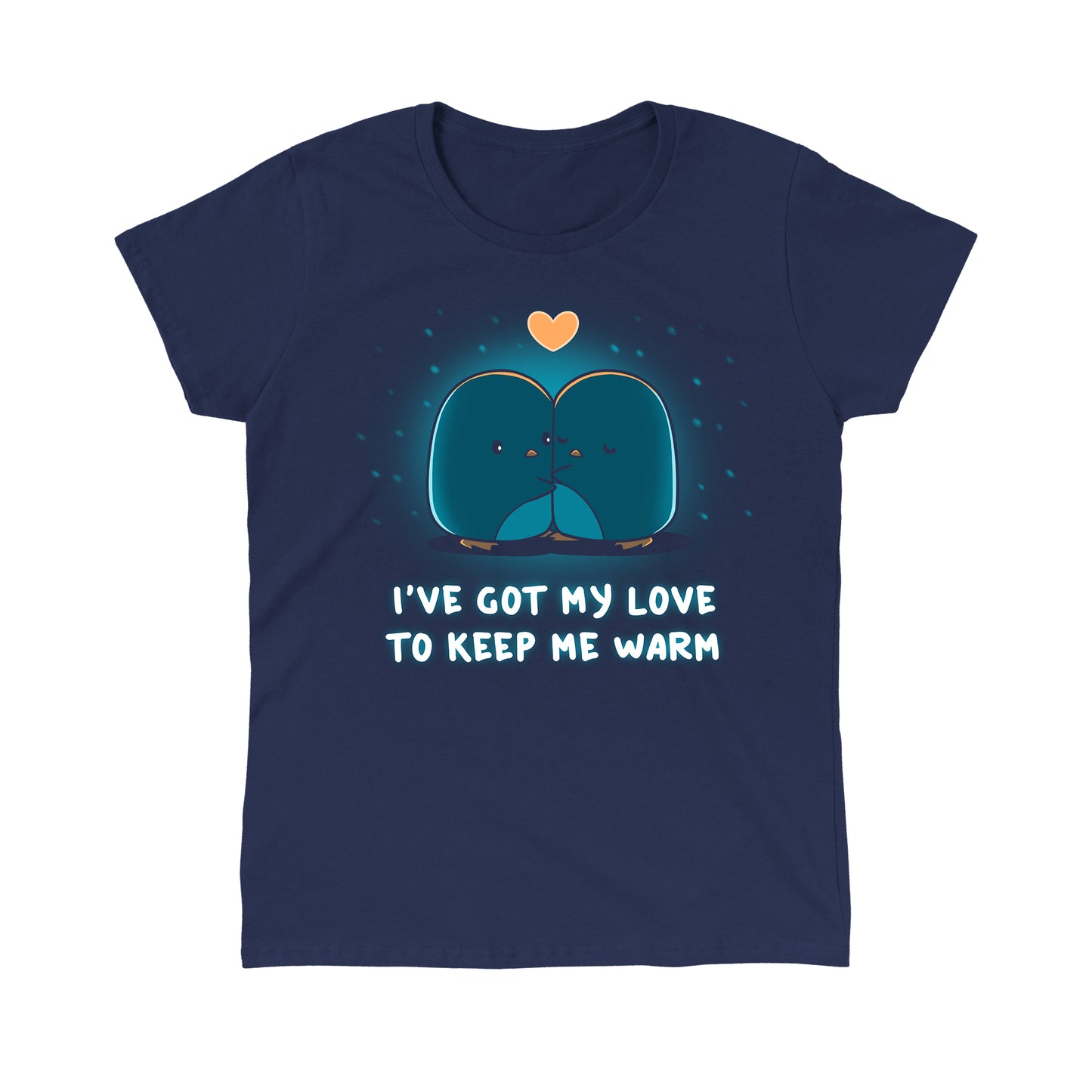Classic Cotton T-shirt_TeeTurtle navy blue I've Got My Love to Keep Me Warm apparel featuring two hugging penguins with a heart between them and falling snow in the background, with the caption, "I've Got My Love to Keep Me Warm".
