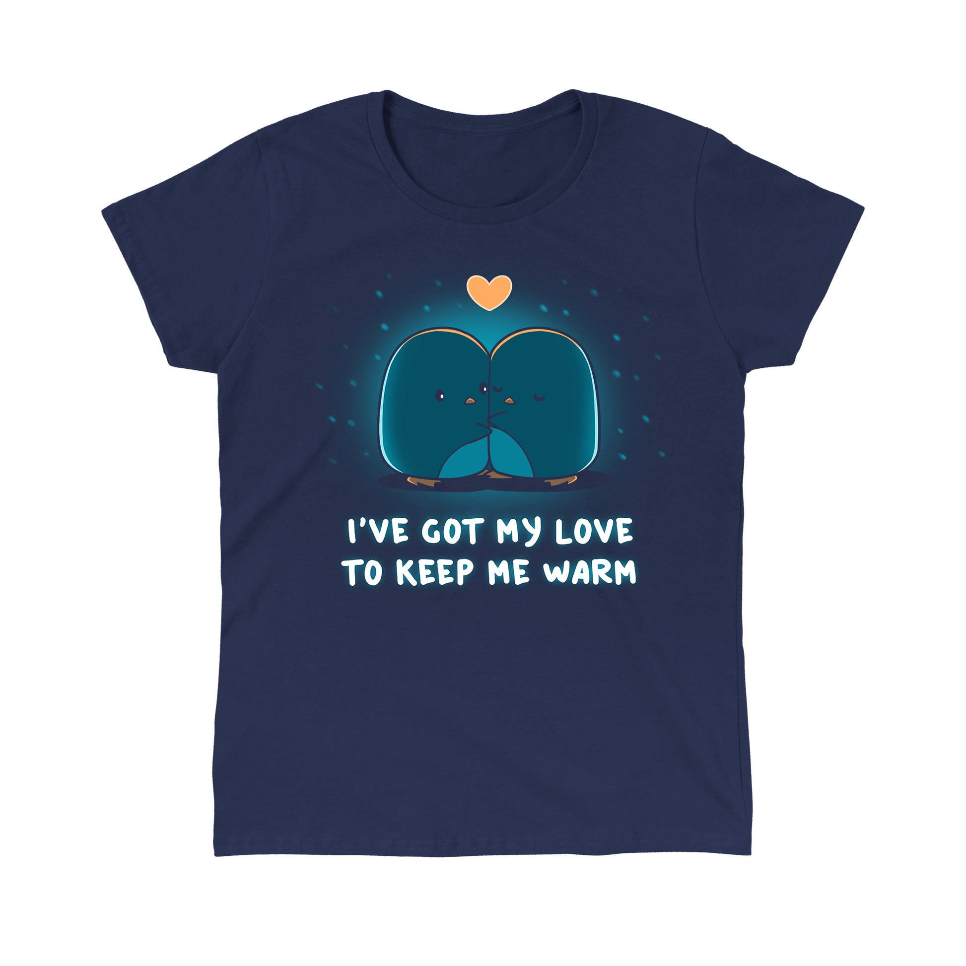 Classic Cotton T-shirt_TeeTurtle navy blue I've Got My Love to Keep Me Warm apparel featuring two hugging penguins with a heart between them and falling snow in the background, with the caption, "I've Got My Love to Keep Me Warm".