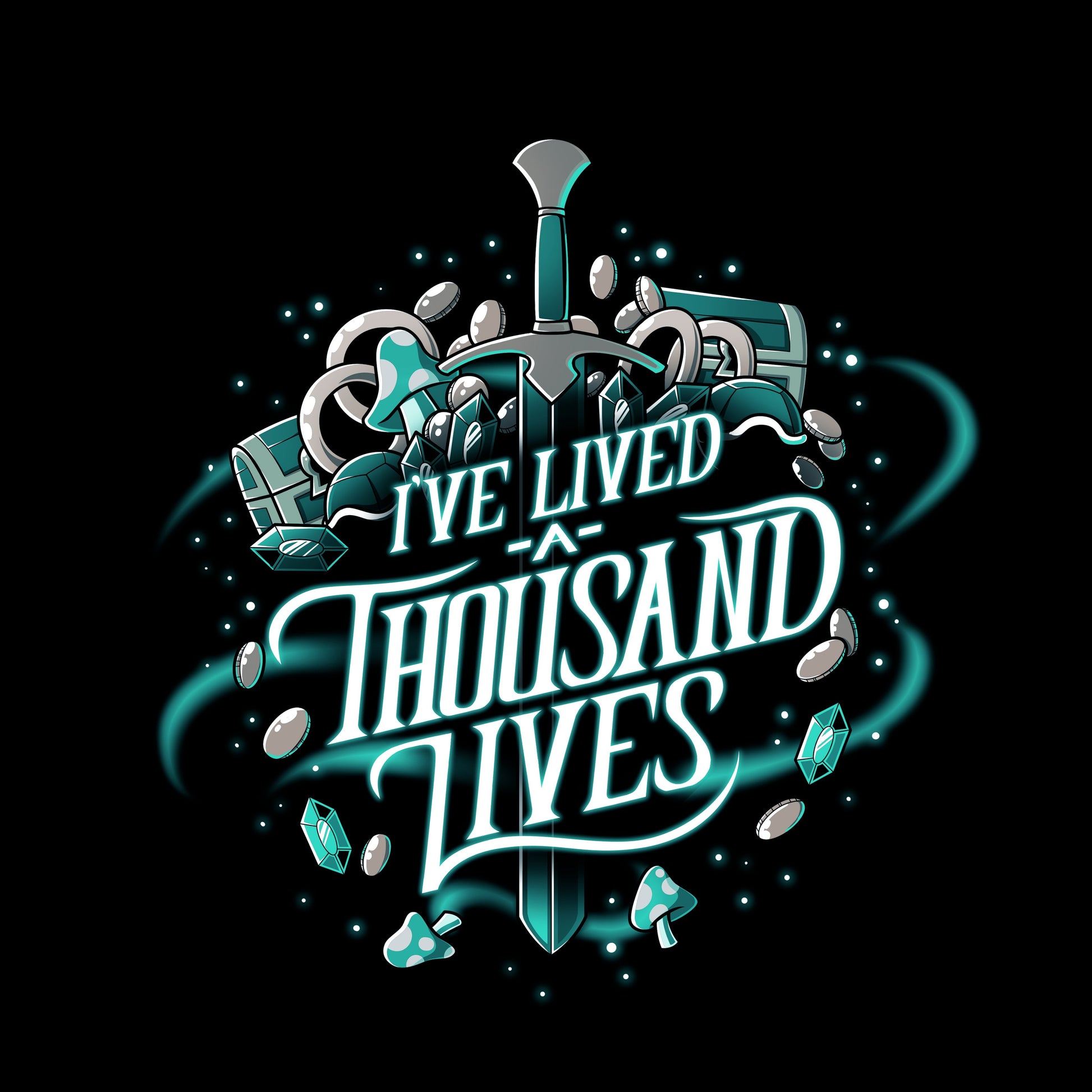 Long Sleeve T-shirt_TeeTurtle black I've Lived A Thousand Lives. Featuring text, 'I've Lived A Thousand Lives" surrounded by fantasy elements.