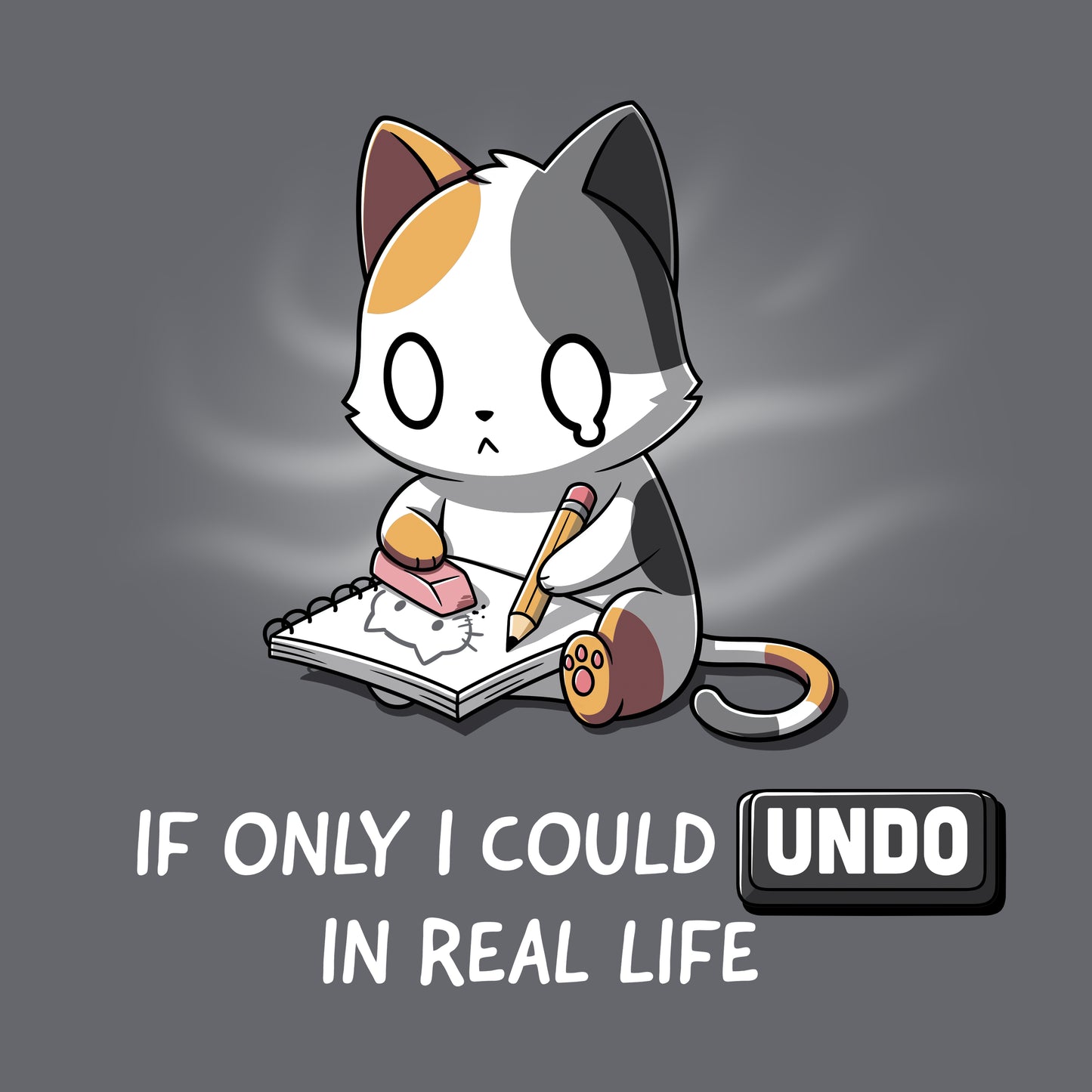 Classic Cotton T-shirt_TeeTurtle If Only I Could Undo in Real Life charcoal gray t-shirt featuring an illustration of a sad cartoon cat erasing a drawing, with "IF ONLY I COULD UNDO IN REAL LIFE" written underneath. 