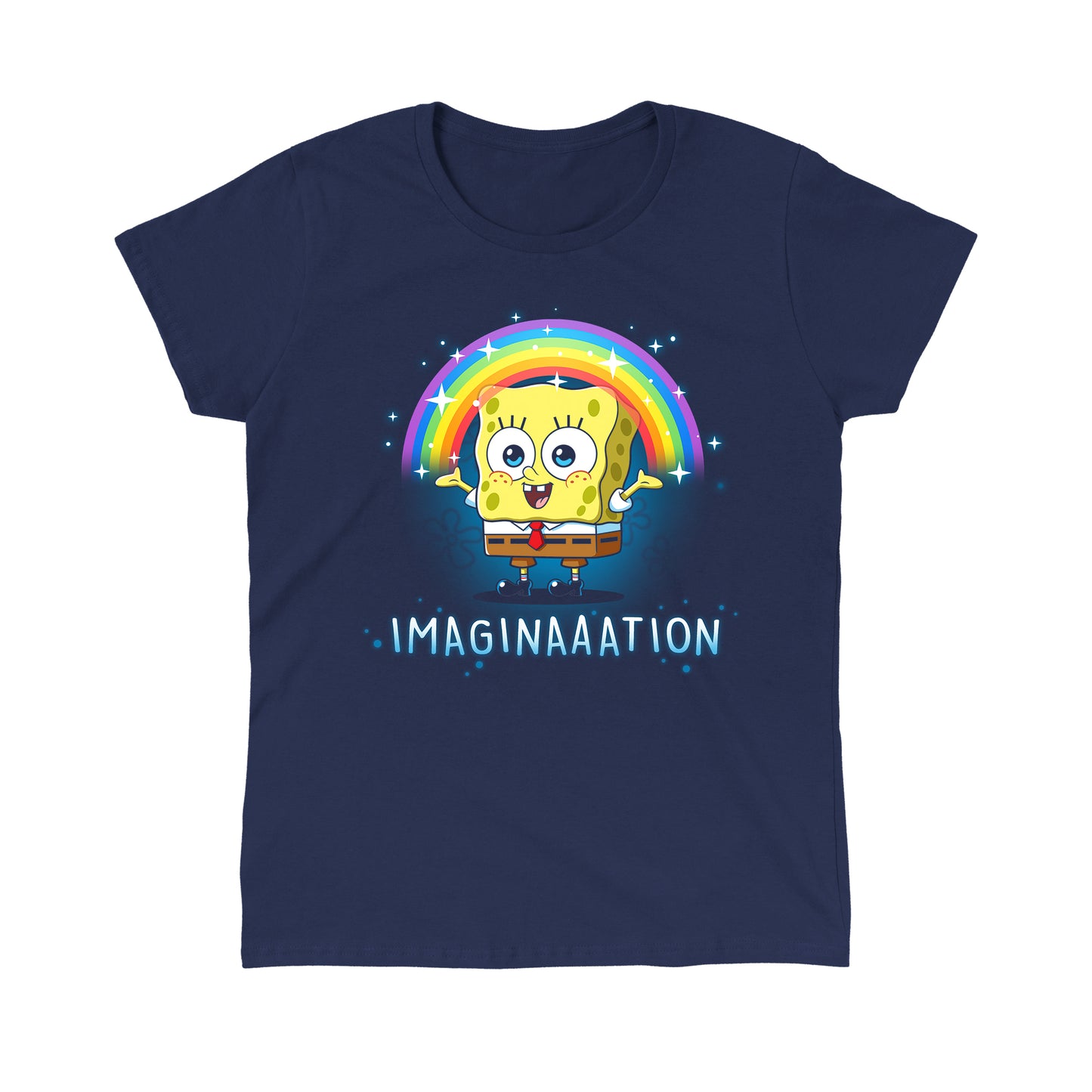 Classic Cotton T-shirt_TeeTurtle navy blue Imagination apparel featuring Spongebob Squarepants with his arms spread, and a rainbow above his head.