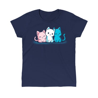 Classic Cotton T-shirt_Three cartoon cats sit side by side on a dark background. The pink, white, and blue Inclusive Kitties display different expressions. Featured on a monsterdigital apparel, this design is printed on super soft ringspun cotton for ultimate comfort.