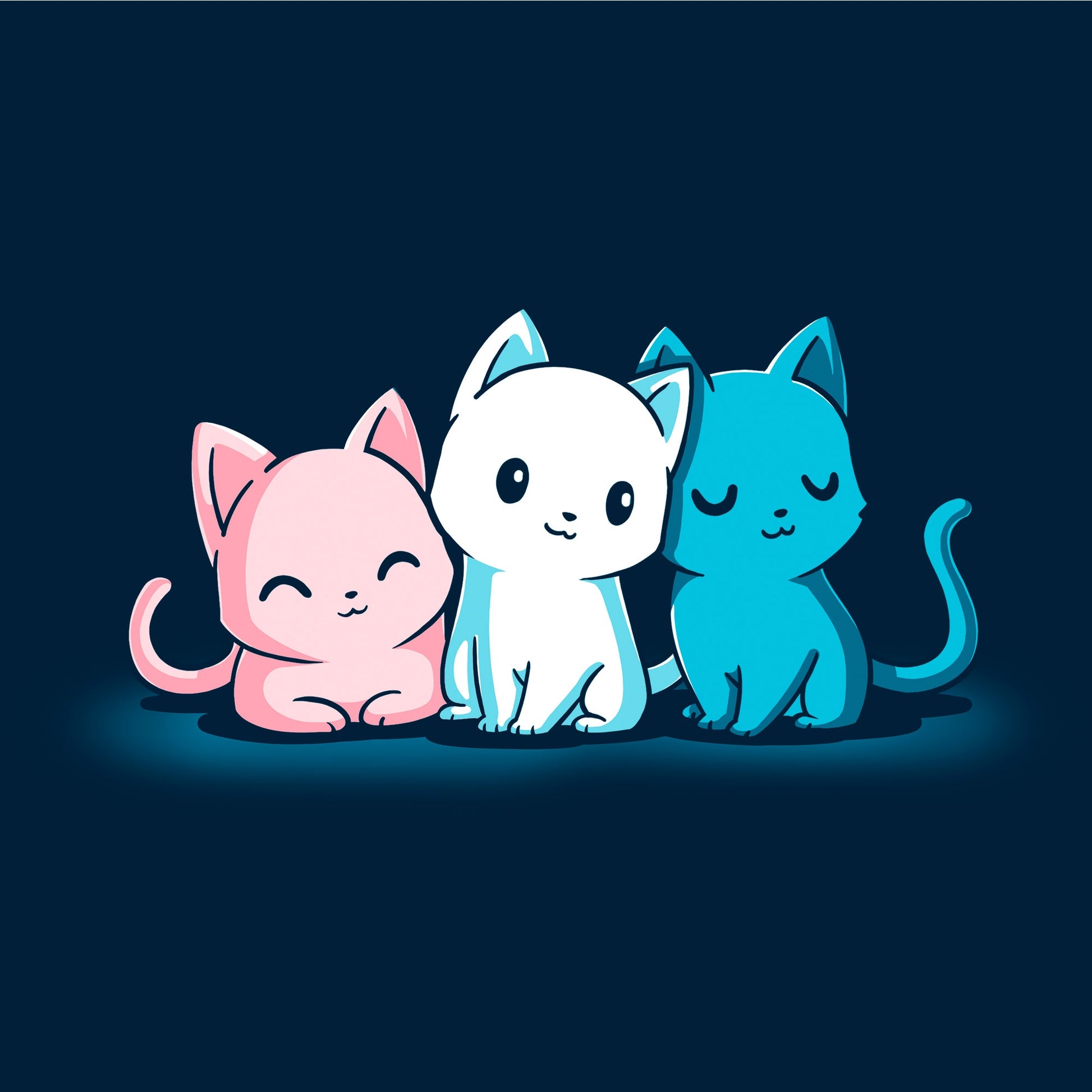 Classic Cotton T-shirt_Three cartoon cats sit side by side on a dark background. The pink, white, and blue Inclusive Kitties display different expressions. Featured on a monsterdigital apparel, this design is printed on super soft ringspun cotton for ultimate comfort.