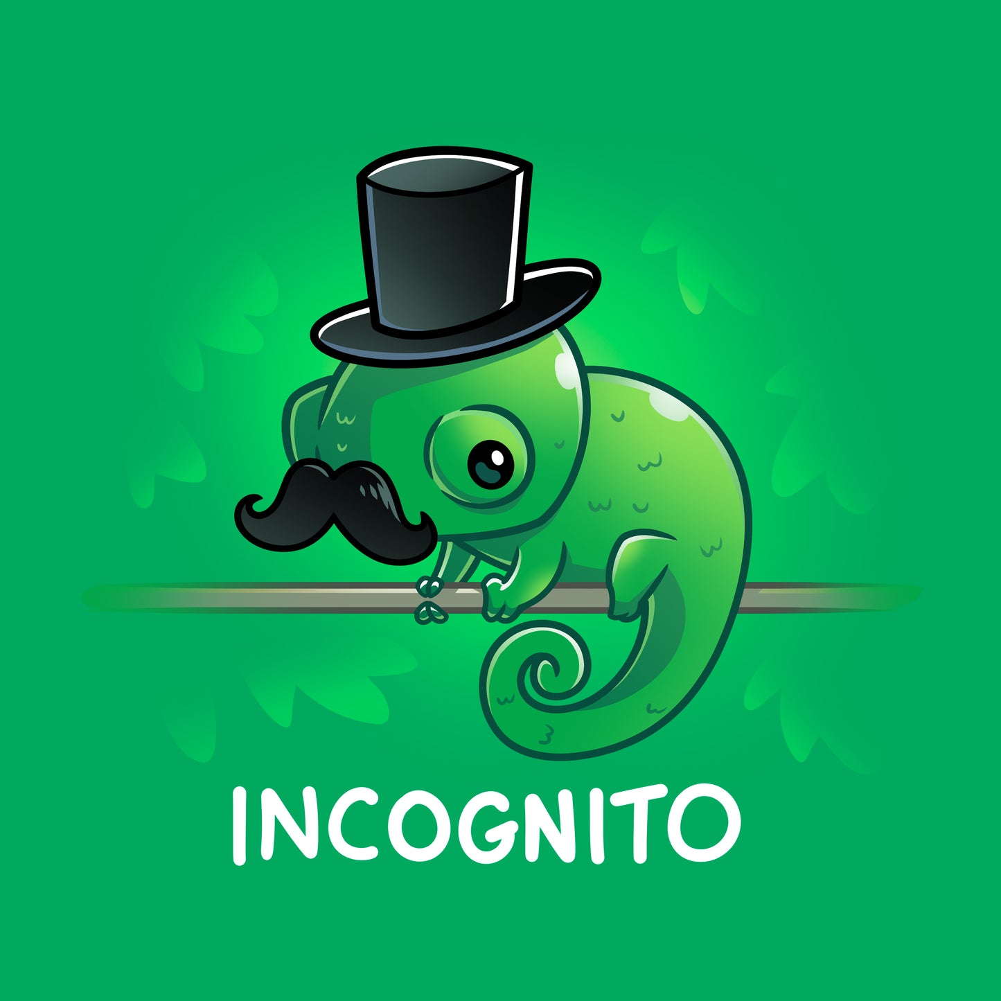 Classic Cotton T-shirt_TeeTurtle Incognito Irish green apparel featuring a chameleon wearing a top hat and moustache perched on a stick hidden among leaves.