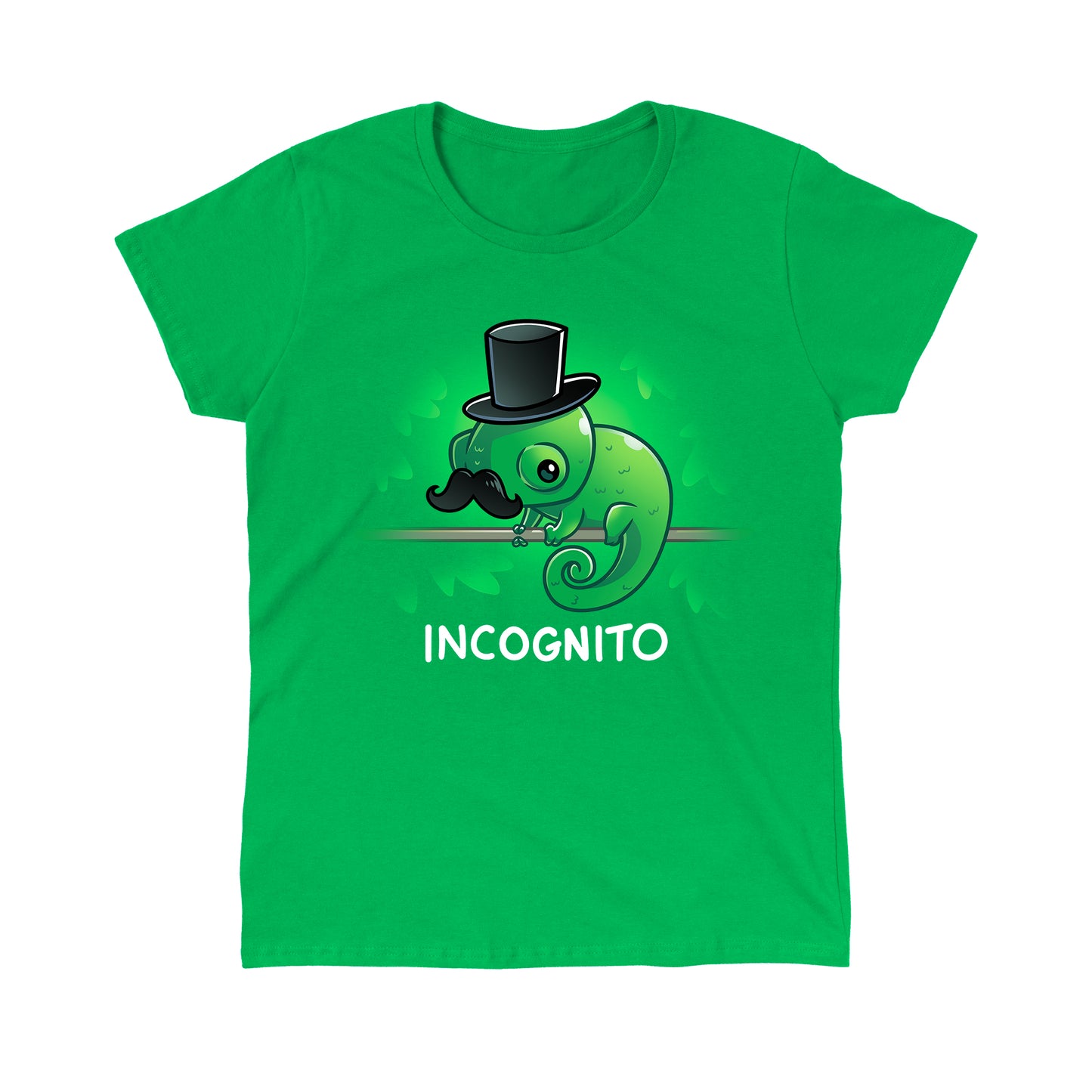 Classic Cotton T-shirt_TeeTurtle Incognito Irish green apparel featuring a chameleon wearing a top hat and moustache perched on a stick hidden among leaves.