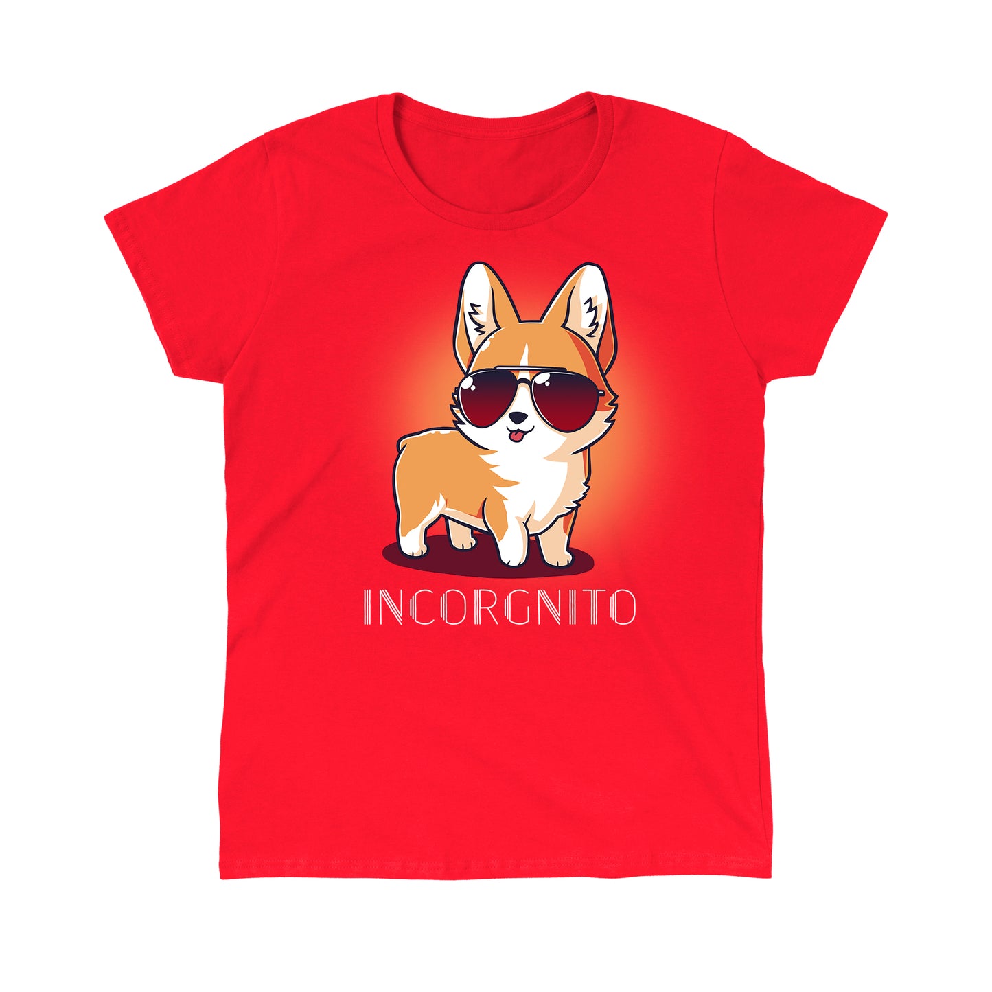 Classic Cotton T-shirt_TeeTurtle Incorgnito red t-shirt featuring a cute corgi dog wearing aviator sunglasses with a pun underneath.