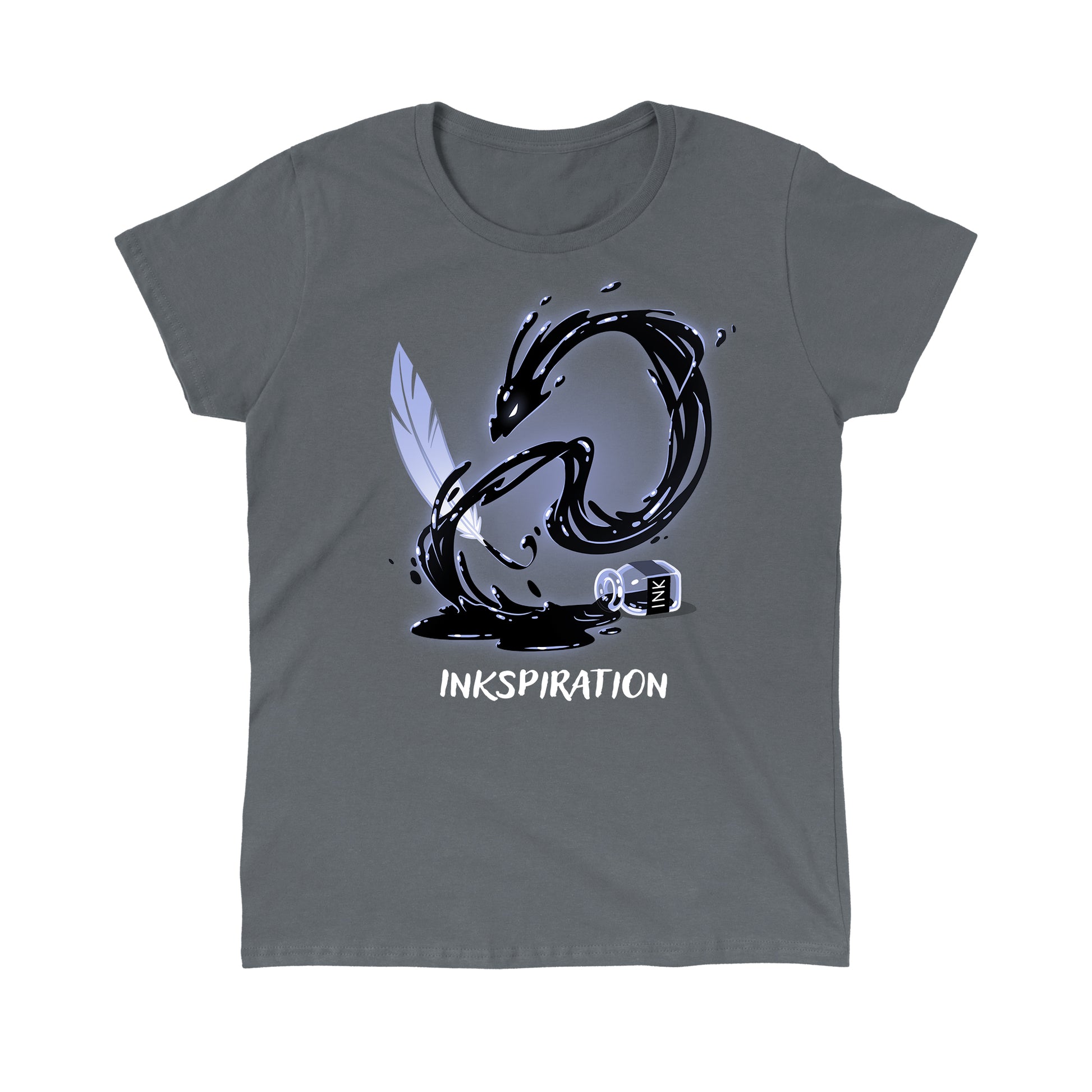 Classic Cotton T-shirt_TeeTurtle Inkspiration charcoal gray t-shirt featuring a feather quill that appears to transform into a black dragon-like swirl above an ink bottle, with the word "INKSPIRATION" below.