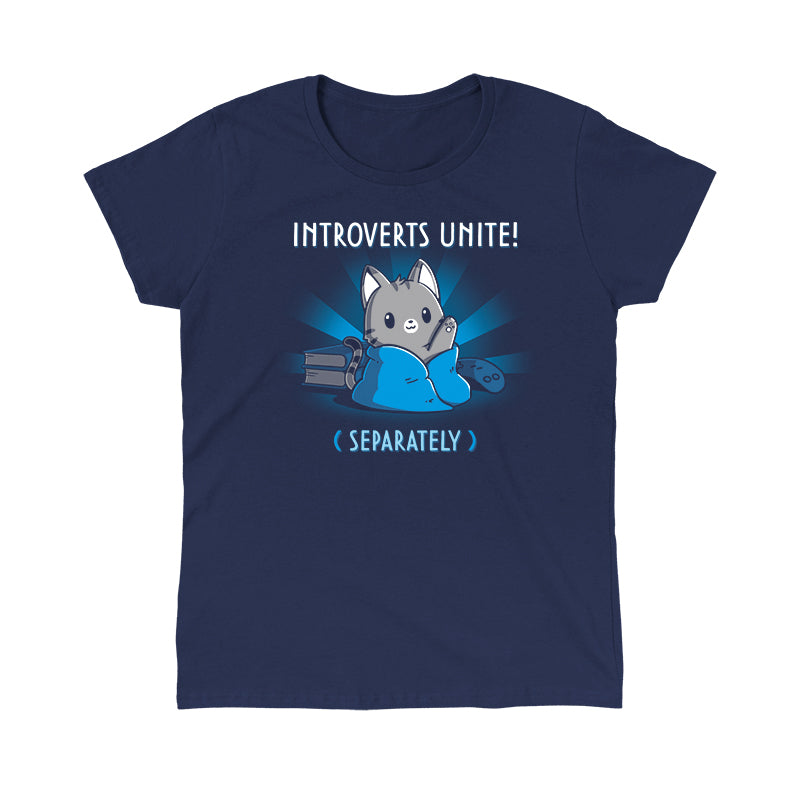 Classic Cotton T-shirt_TeeTurtle Introverts Unite! (Separately) navy blue t-shirt featuring an introverted cat snuggled up with books and video games.