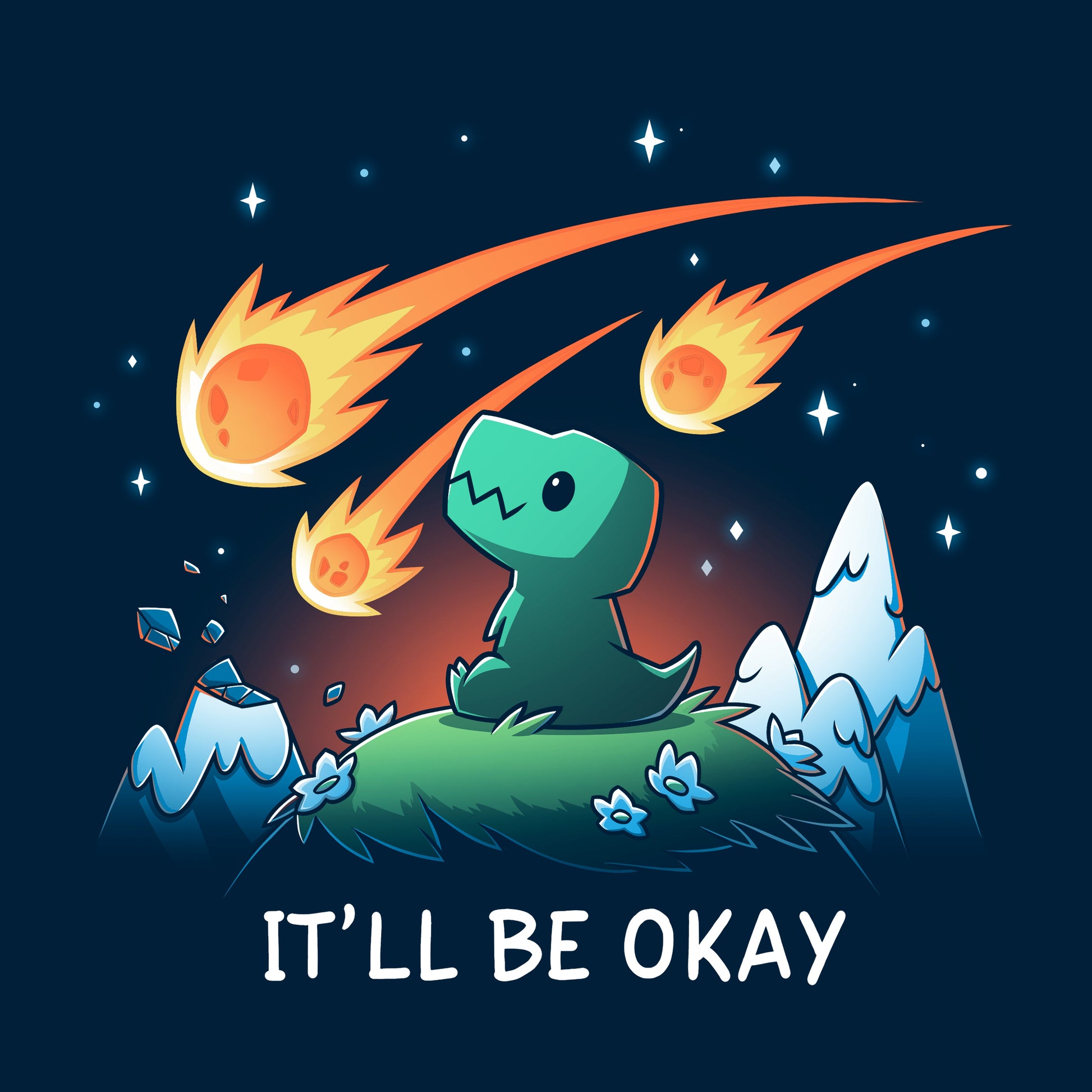 Pullover Hoodie_TeeTurtle It'll Be Okay navy blue design featuring a green dinosaur who sits on a grassy hill with comet-like objects falling from the sky around them with the words "IT'LL BE OKAY" below them. 