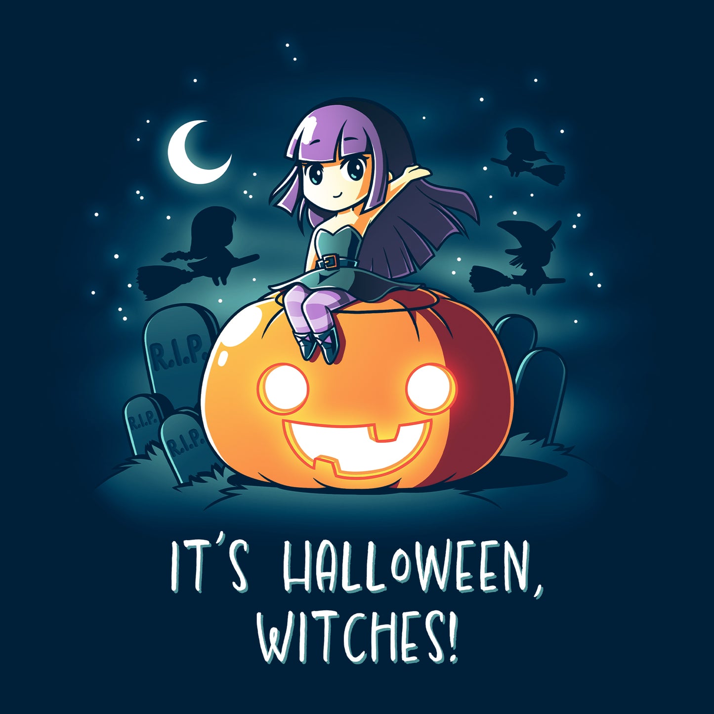 Classic Cotton T-shirt_TeeTurtle It's Halloween, Witches! navy blue t-shirt featuring an illustration of a witch with purple hair wearing a green dress with purple tights sitting on top of a large, smiling orange jack-o-lantern in a graveyard filled with tombstones that say R.I.P. The background features silhouettes of three black witches on broomsticks flying in the starry sky that features a quarter moon. "IT'S HALLOWEEN WITCHES!" is written underneath.