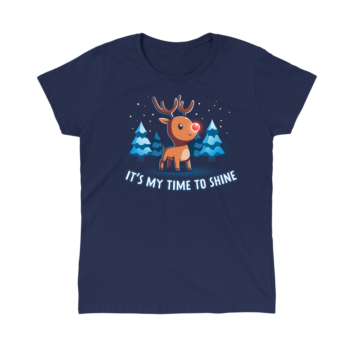 Classic Cotton T-shirt_TeeTurtle navy blue It's My Time To Shine. Featuring a reindeer with a red nose in a wintery forest.