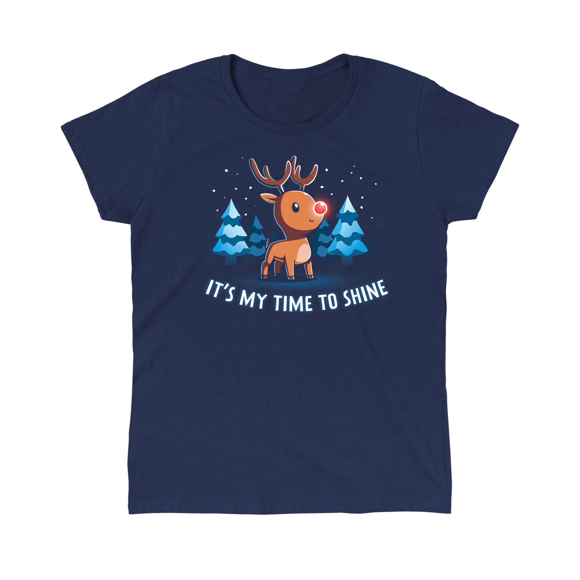 Classic Cotton T-shirt_TeeTurtle navy blue It's My Time To Shine. Featuring a reindeer with a red nose in a wintery forest.