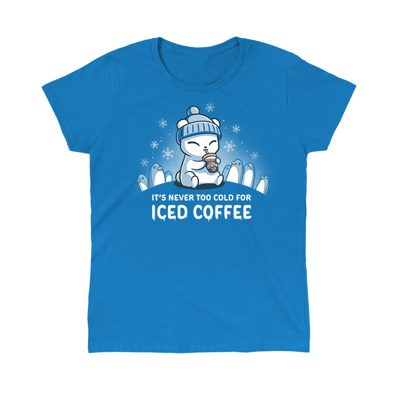 Classic Cotton T-shirt_TeeTurtle sapphire blue It's Never Too Cold for Iced Coffee apparel featuring a polar bear drinking iced coffee surrounded by penguins while it's snowing.