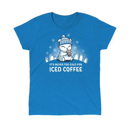 Classic Cotton T-shirt_TeeTurtle sapphire blue It's Never Too Cold for Iced Coffee apparel featuring a polar bear drinking iced coffee surrounded by penguins while it's snowing.