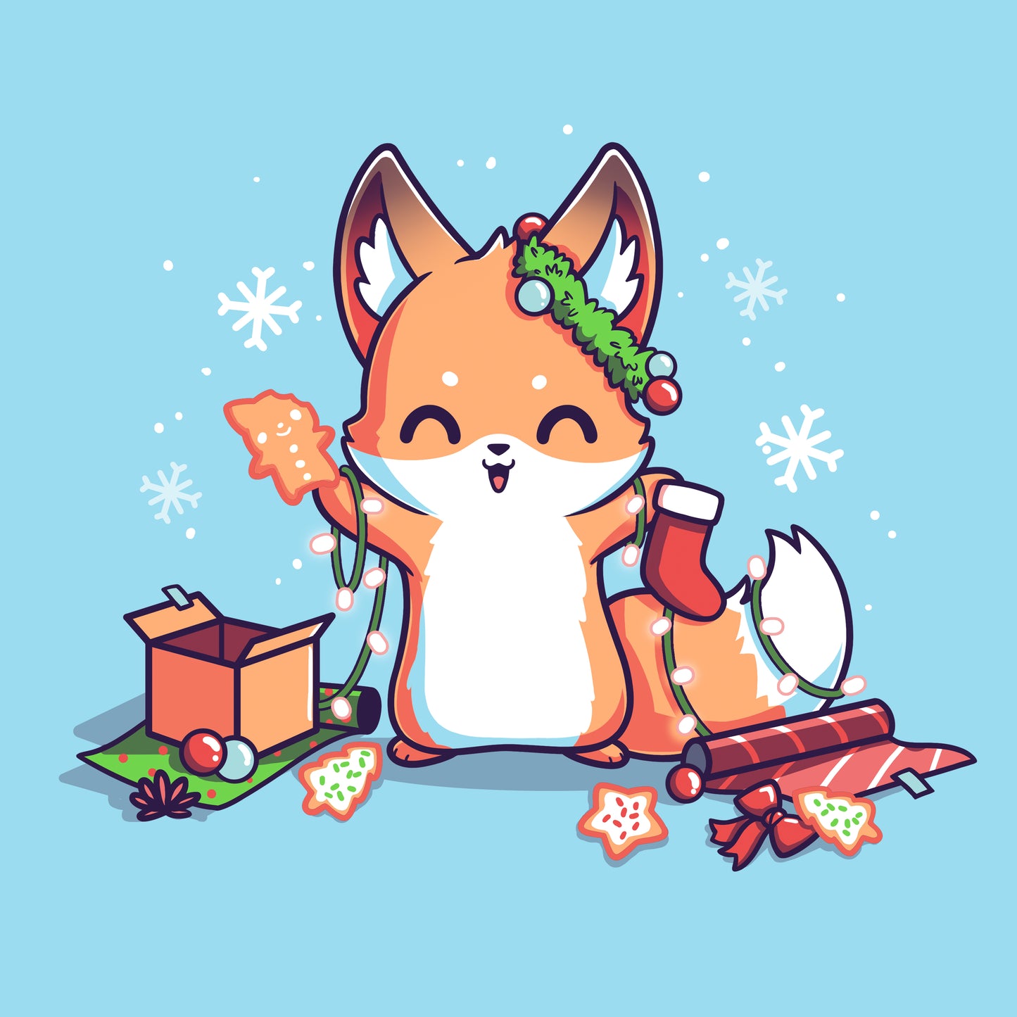 Classic Cotton T-shirt_TeeTurtle It's That Time of Year light blue t-shirt featuring a cheerful fox with green garland around its left ear surrounded by snowflakes and holding a red holiday stocking in one hand a Christmas cookie and a string of lights in the other. On the floor is red gift wrap, a red bow, Christmas cookies and a brown box on top of green gift wrap. 