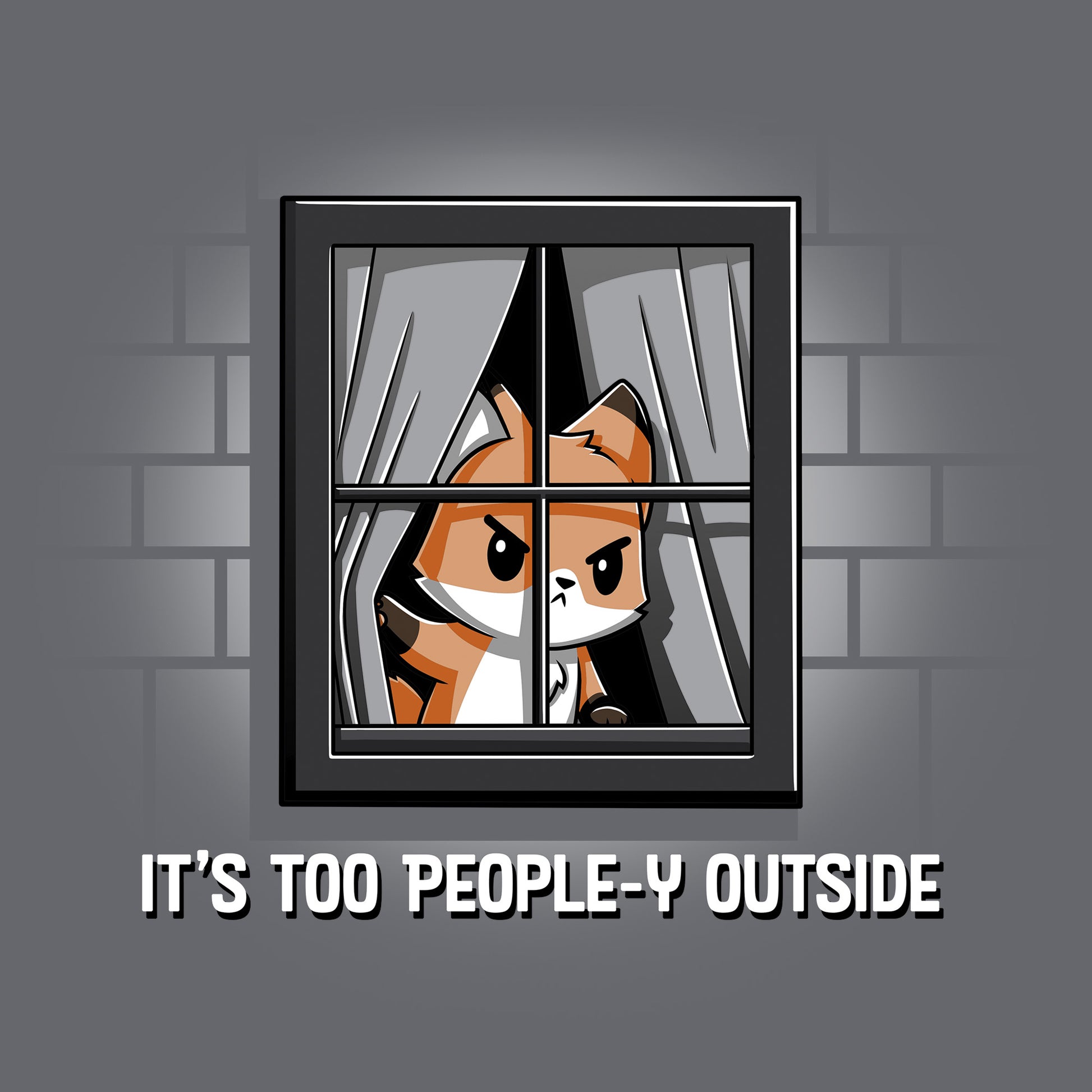 Classic Cotton T-shirt_TeeTurtle It's Too People-y Outside charcoal gray t-shirt featuring a fox looking out of its window who is grumpy about the amount of people out there.