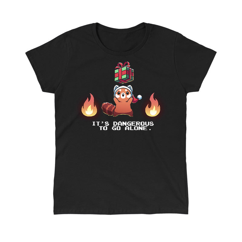 Classic Cotton T-shirt_TeeTurtle black It's Dangerous To Go Alone apparel featuring a red panda holding a floating present surrounded by two flames.