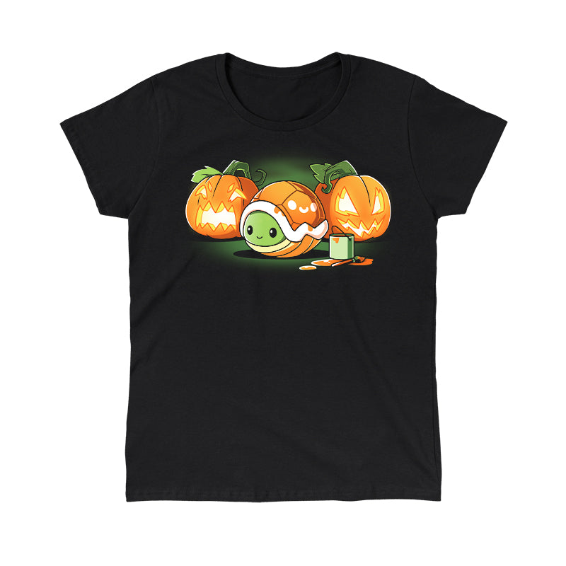 Classic Cotton T-shirt_TeeTurtle Jack-o-Lantern Turtlen black t-shirt featuring a a small turtle is nestled inside an orange shell. It's surrounded by three carved pumpkins with glowing faces and a paint can with a brush.