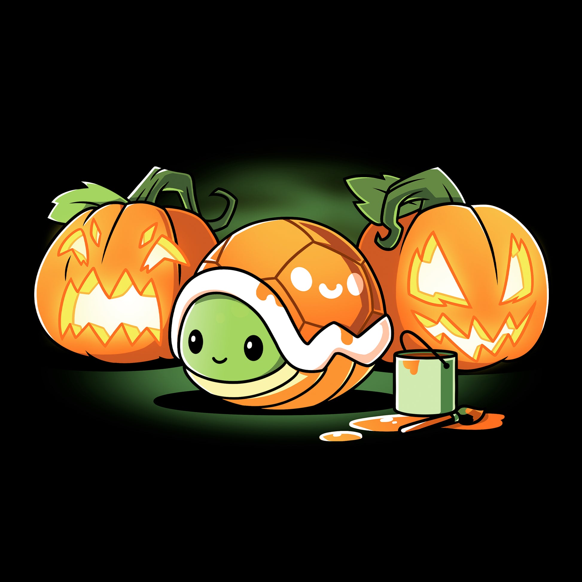 Classic Cotton T-shirt_TeeTurtle Jack-o-Lantern Turtlen black t-shirt featuring a a small turtle is nestled inside an orange shell. It's surrounded by three carved pumpkins with glowing faces and a paint can with a brush.