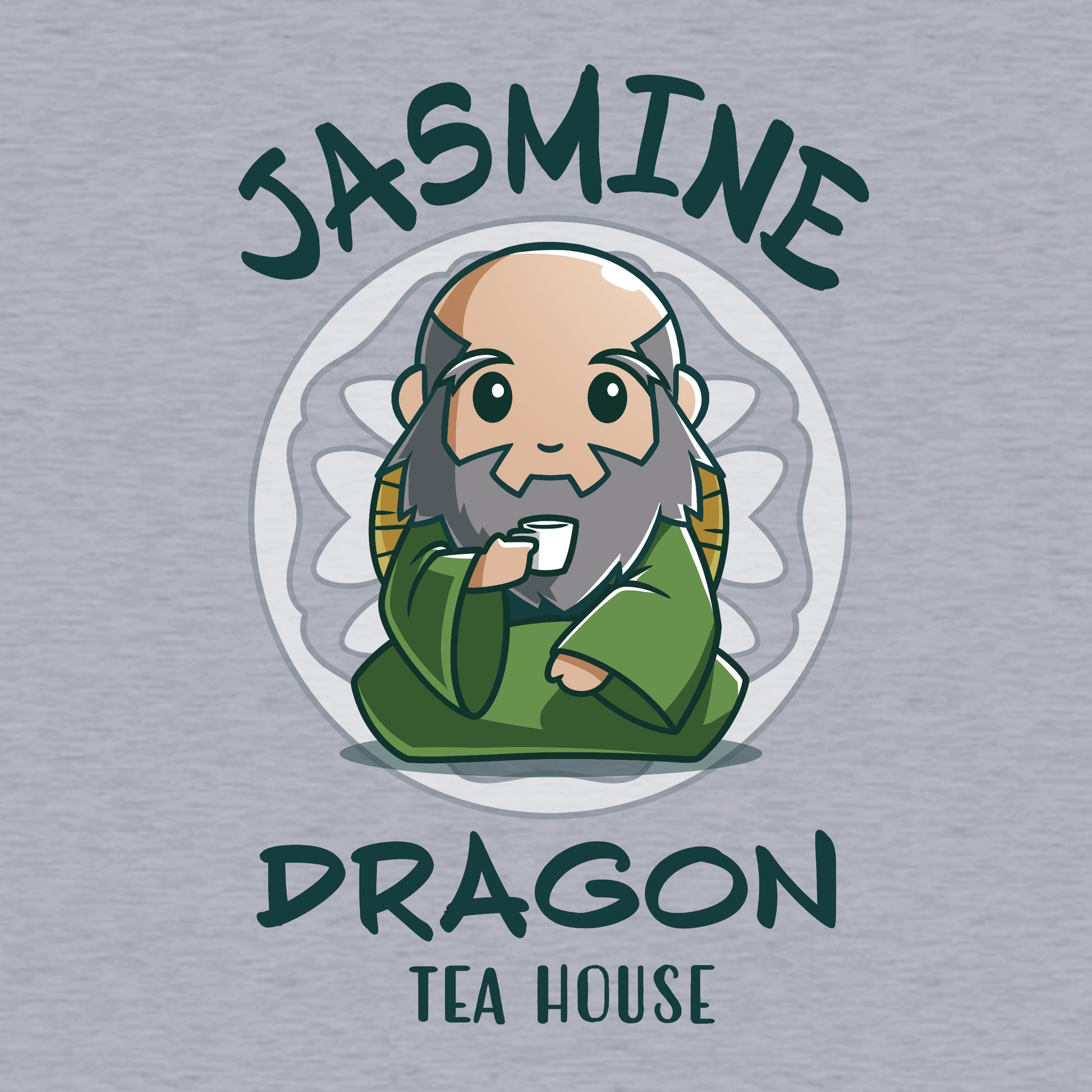 Classic Cotton T-shirt_TeeTurtle heather gray Jasmine Dragon Tea House apparel featuring Iroh holding a teacup.