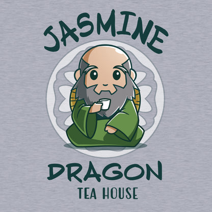 Pullover Hoodie_TeeTurtle heather gray Jasmine Dragon Tea House apparel featuring Iroh holding a teacup.