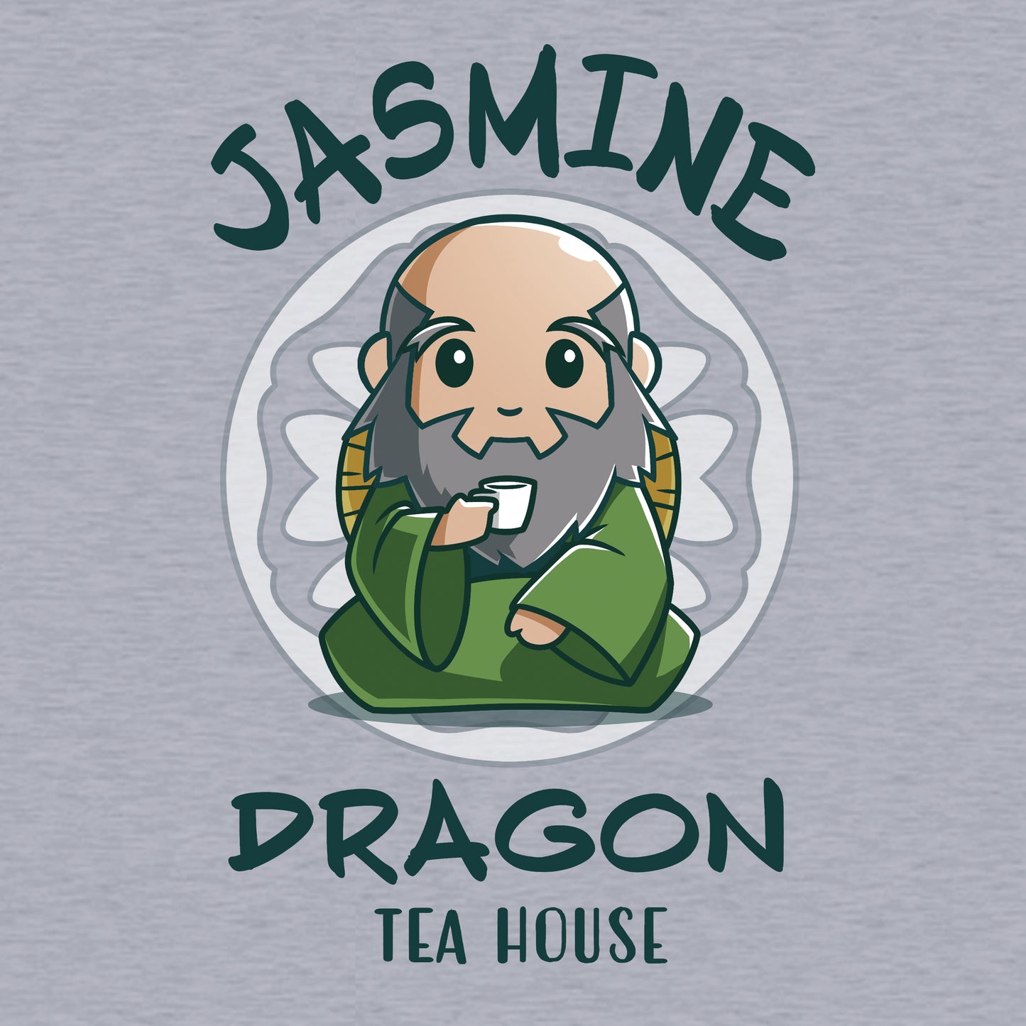 Long Sleeve T-shirt_TeeTurtle heather gray Jasmine Dragon Tea House apparel featuring Iroh holding a teacup.