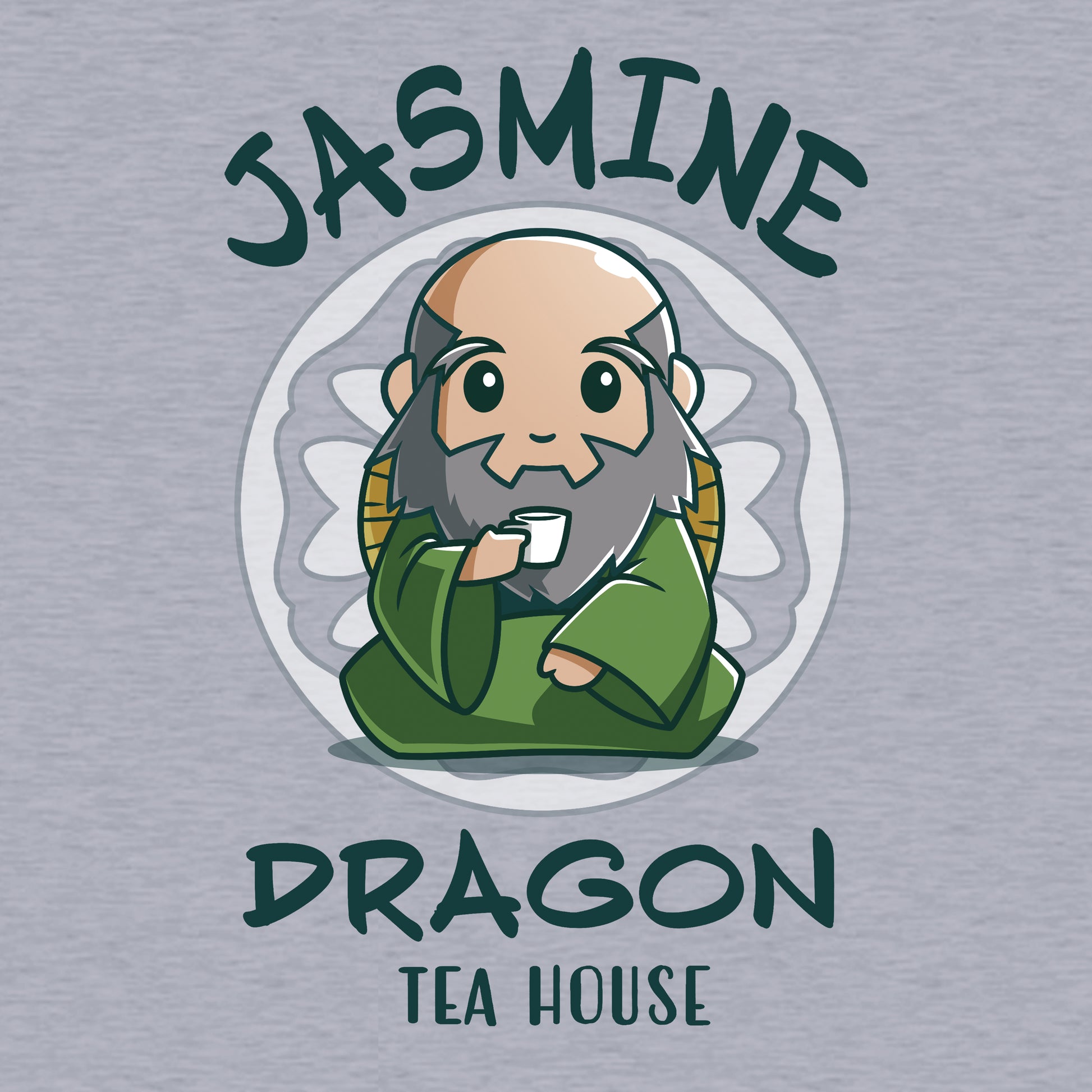 Long Sleeve T-shirt_TeeTurtle heather gray Jasmine Dragon Tea House apparel featuring Iroh holding a teacup.