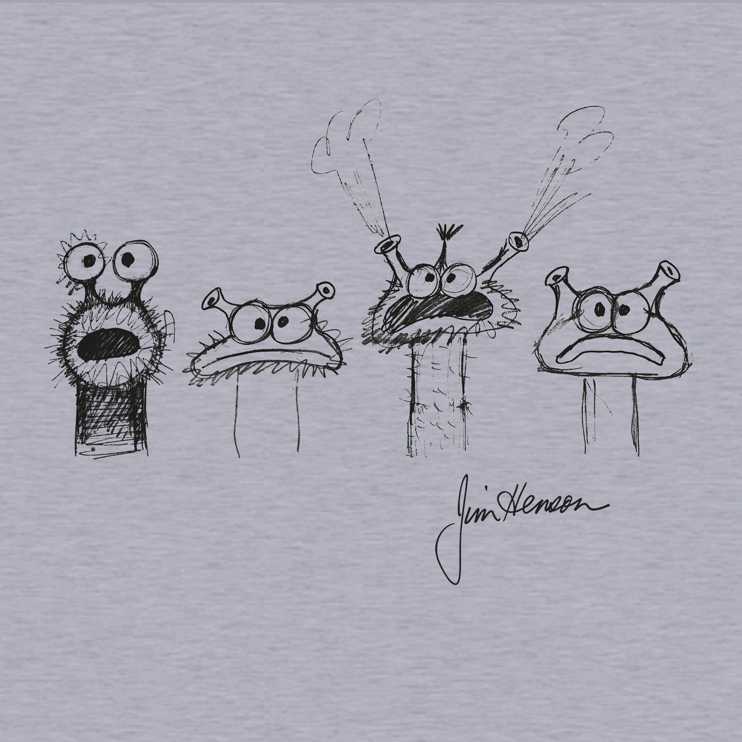 Classic Cotton T-shirt_TeeTurtle heather gray Jim Henson Signature Collection apparel featuring four sketches of muppet-like creatures with Jim Henson’s signature on the bottom righthand corner.
