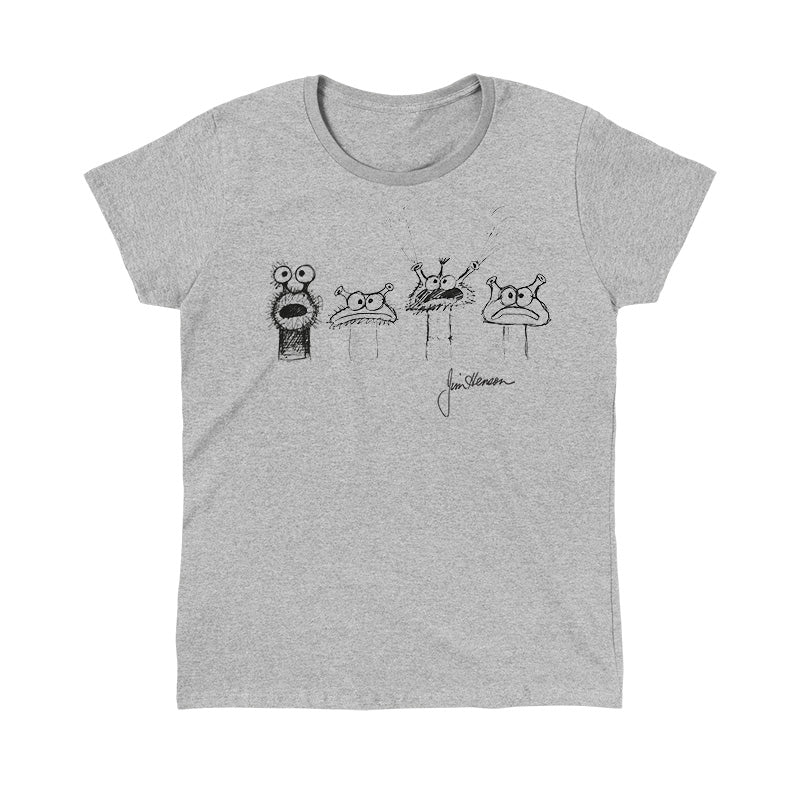 Classic Cotton T-shirt_TeeTurtle heather gray Jim Henson Signature Collection apparel featuring four sketches of muppet-like creatures with Jim Henson’s signature on the bottom righthand corner.
