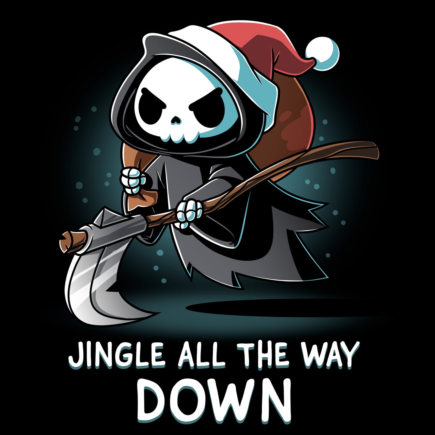 Crew Neck Sweatshirt_TeeTurtle black Jingle All the Way Down apparel featuring the Grim Reaper wearing a Santa hat carrying a sack, and scythe.