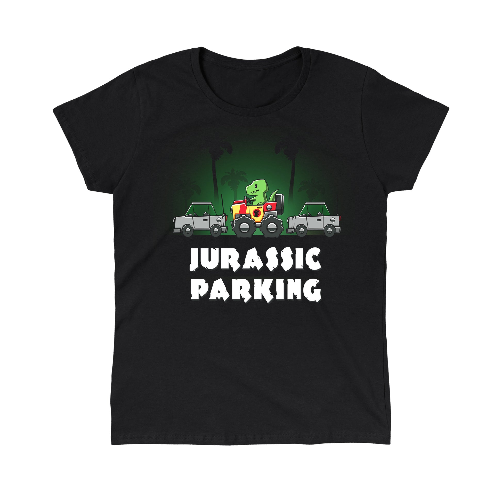 Classic Cotton T-shirt_TeeTurtle Jurassic Parking black t-shirt featuring a pun of a t-rex dinosaur parallel parking in a movie themed jeep.