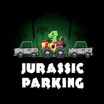 Pullover Hoodie_TeeTurtle Jurassic Parking black design featuring a pun of a t-rex dinosaur parallel parking in a movie themed jeep.