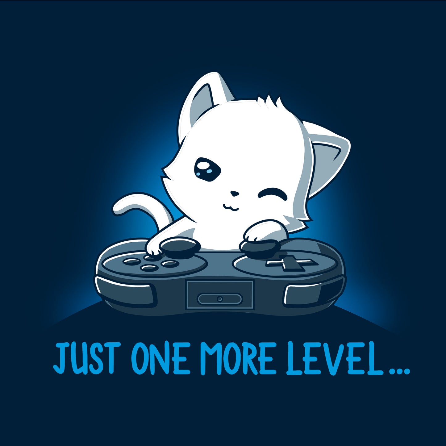 Long Sleeve T-shirt_TeeTurtle Just One More Level navy blue t-shirt featuring a cat falling asleep in front of a video game controller.