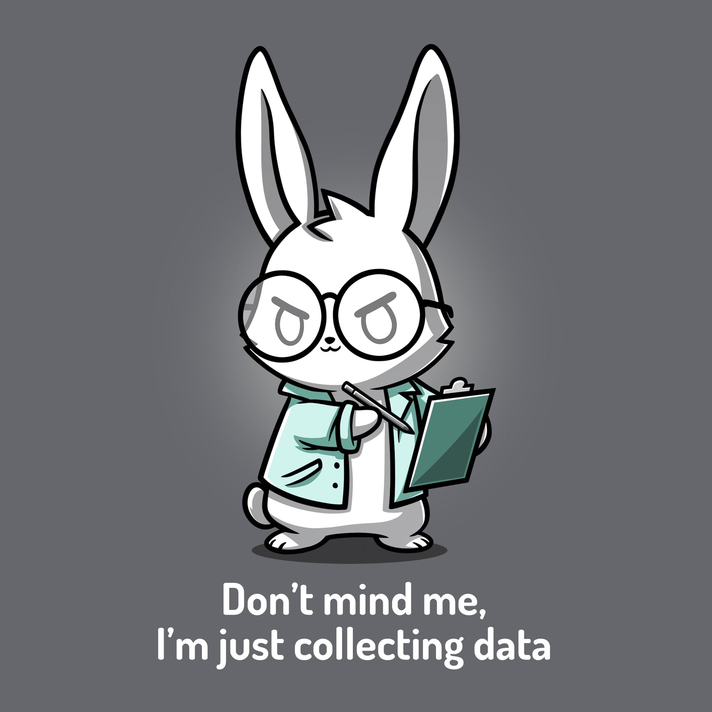 Classic Cotton T-shirt_TeeTurtle Just Collecting Data Charcoal Gray t-shirt featuring a cartoon rabbit wearing glasses and a lab coat holding a clipboard.