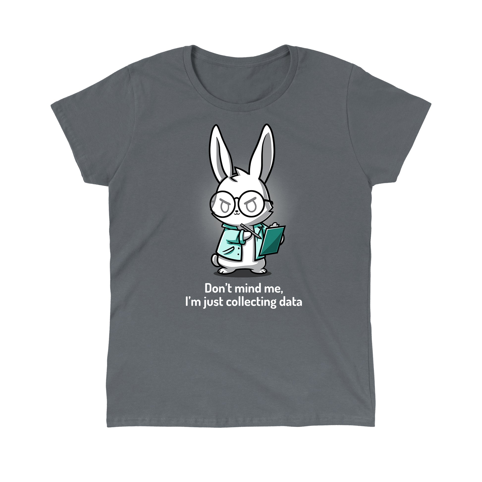 Classic Cotton T-shirt_TeeTurtle Just Collecting Data Charcoal Gray t-shirt featuring a cartoon rabbit wearing glasses and a lab coat holding a clipboard.