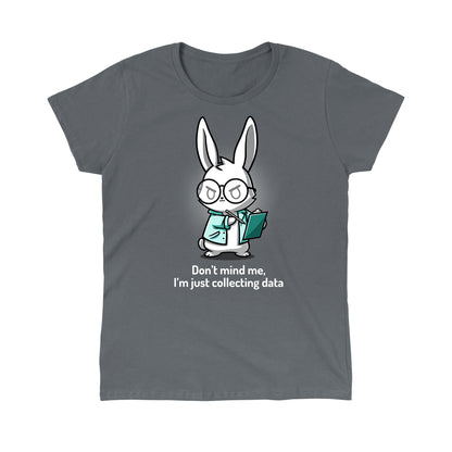 Classic Cotton T-shirt_TeeTurtle Just Collecting Data Charcoal Gray t-shirt featuring a cartoon rabbit wearing glasses and a lab coat holding a clipboard.