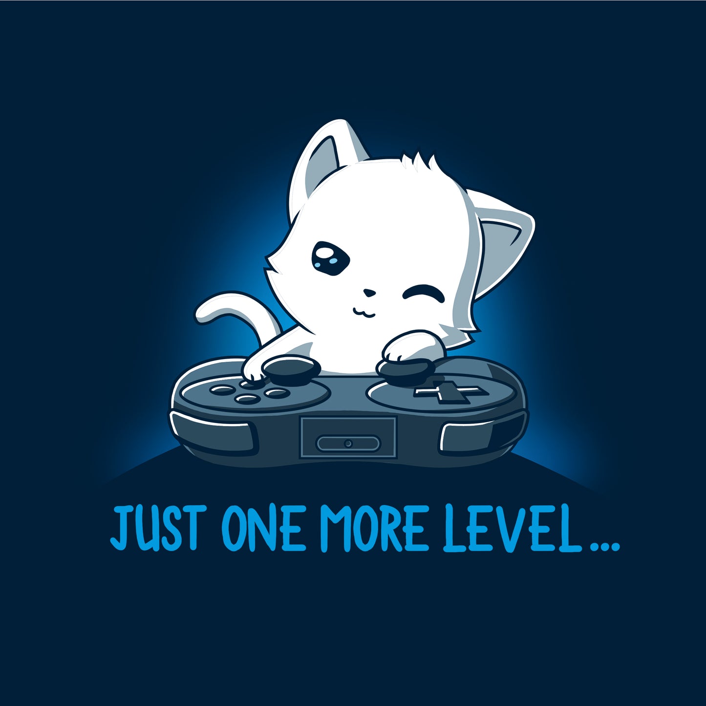 Classic Cotton T-shirt_TeeTurtle Just One More Level navy blue t-shirt featuring a cat falling asleep in front of a video game controller.