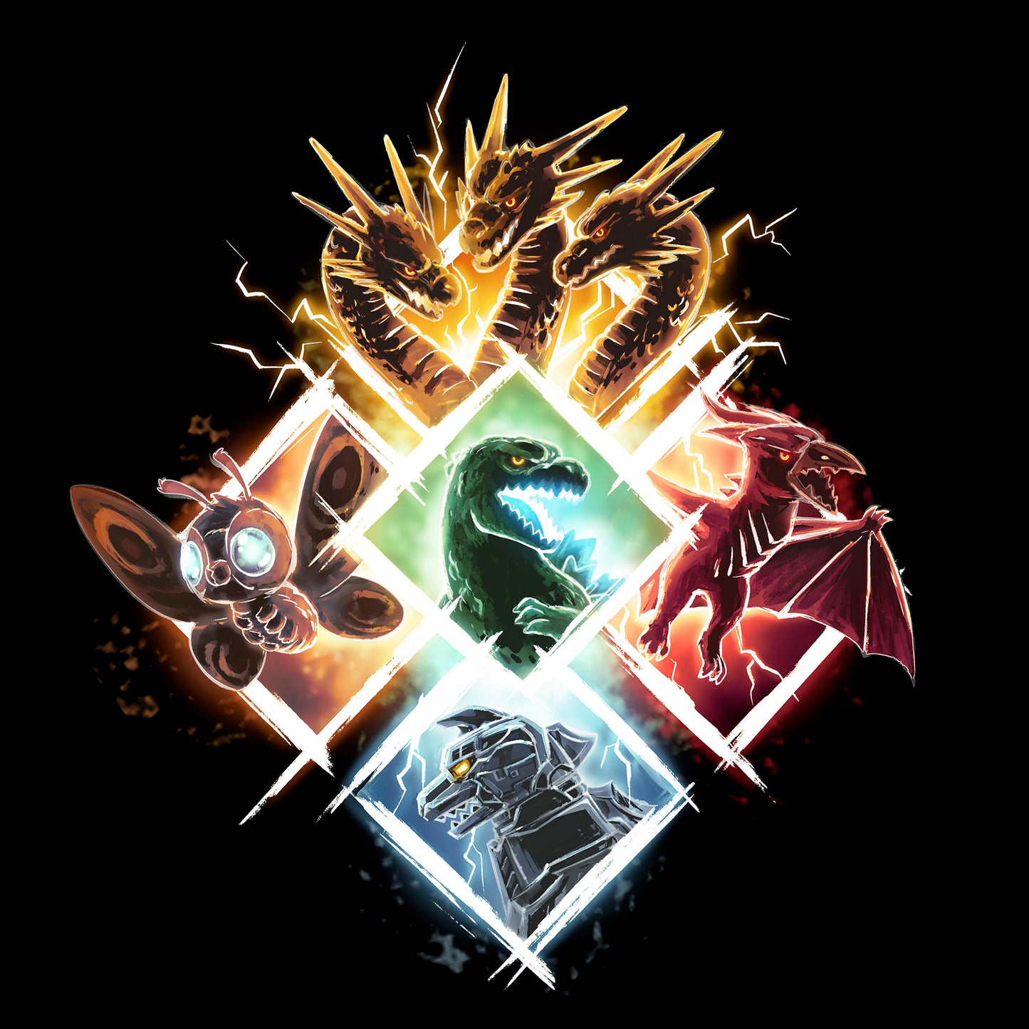 Classic Cotton T-shirt_TeeTurtleb lack Kaiju Vortex apparel featuring King Ghidorah, Mothra, Godzilla, Rodan, and Mechagodzilla in diamond-shaped frames grouped together to form a large diamond.