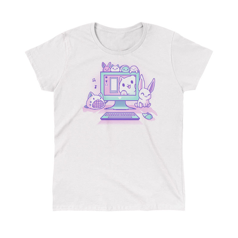 Classic Cotton T-shirt_TeeTurtle Kawaii Computer white t-shirt featuring a cute computer set-up with a bunny, cat speaker, and plushies.