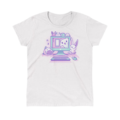 Classic Cotton T-shirt_TeeTurtle Kawaii Computer white t-shirt featuring a cute computer set-up with a bunny, cat speaker, and plushies.