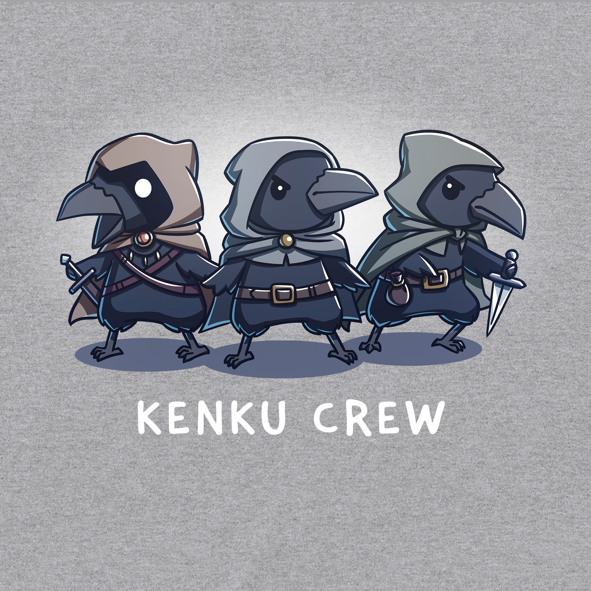 Classic Cotton T-shirt_TeeTurtle heather gray Kenku Crew apparel featuring three hooded Kenku from Dungeons & Dragons with the lefthand Kenku holding a sword, and the righthand Kenku holding a small dagger.