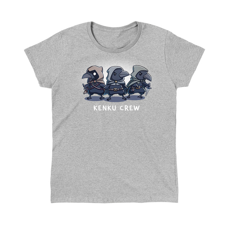 Classic Cotton T-shirt_TeeTurtle heather gray Kenku Crew apparel featuring three hooded Kenku from Dungeons & Dragons with the lefthand Kenku holding a sword, and the righthand Kenku holding a small dagger.