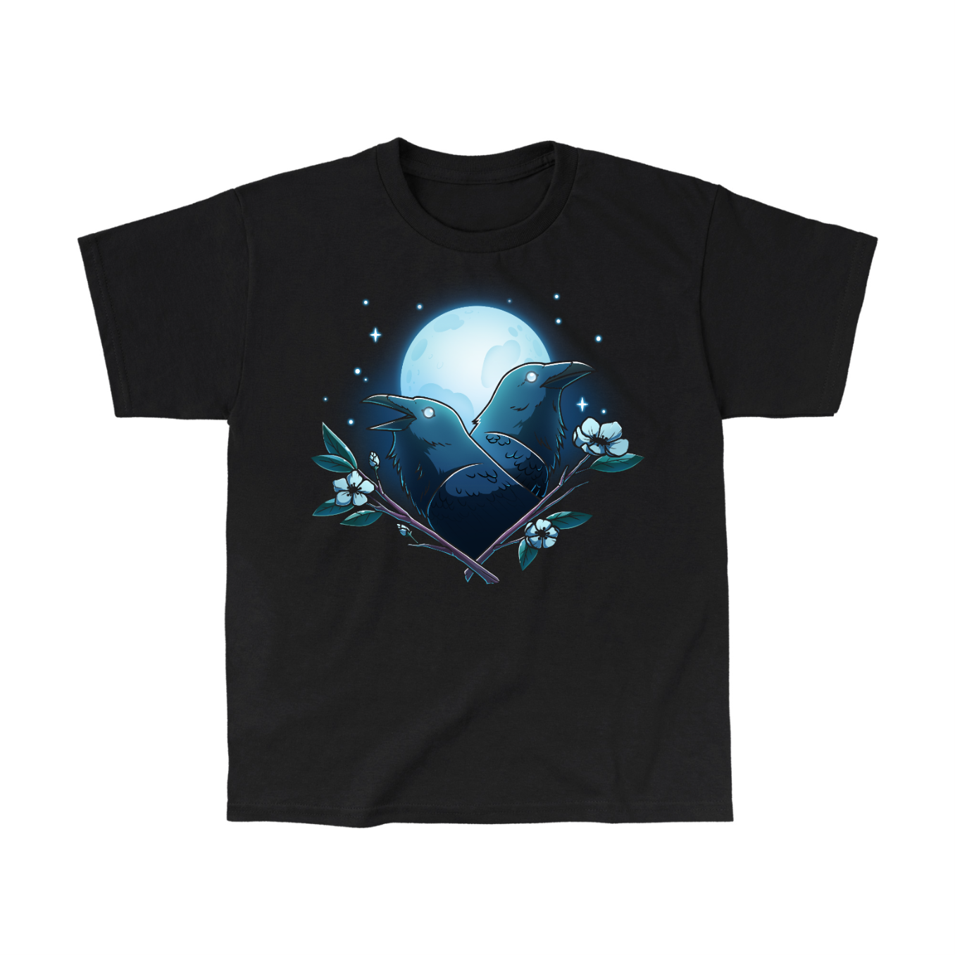 Classic Cotton T-shirt_TeeTurtle black Caw-smic Connection Classic Cotton T-shirt featuring two ravens, two floral branches and a glowing full moon in the background