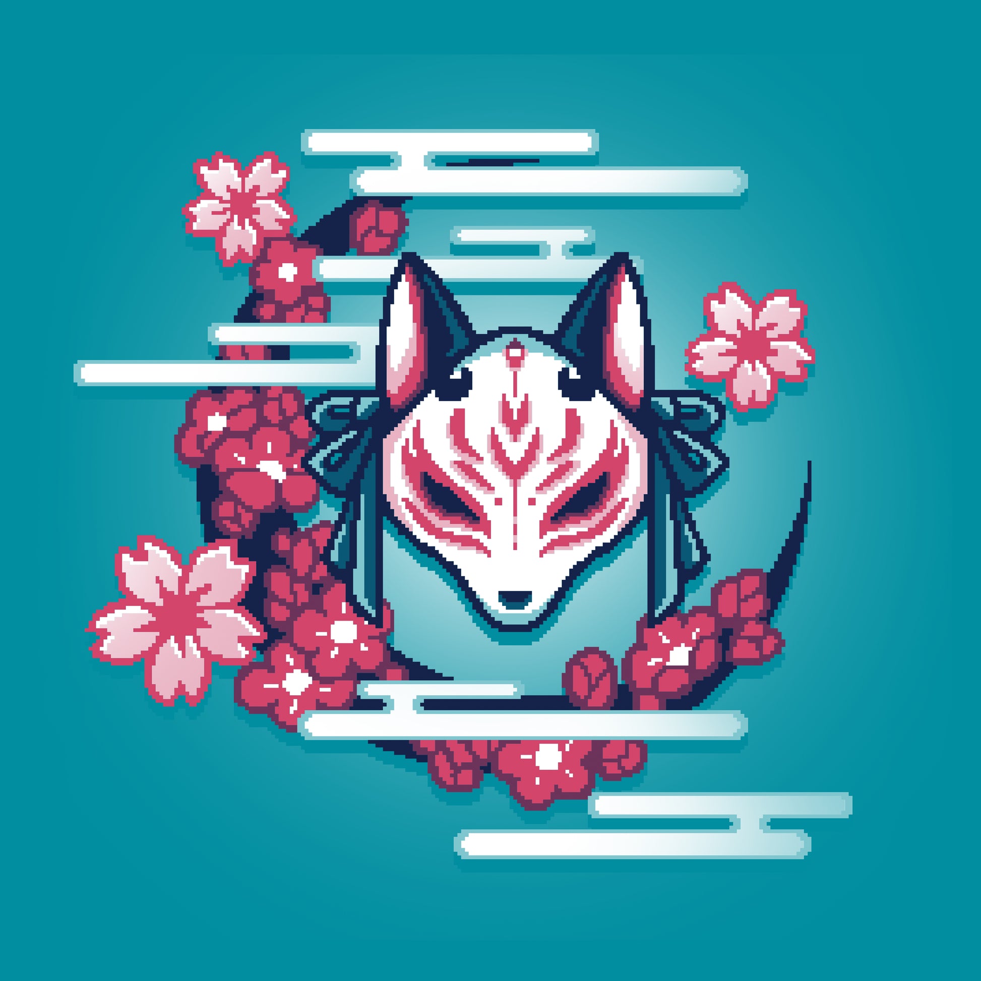 Classic Cotton T-shirt_TeeTurtle Kitsune Mask Pixel Art tropical blue t-shirt depicts a pixel art of a white fox mask with red markings and tied bows by a crescent of pink cherry blossoms and stylized white smoke.